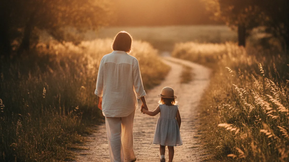 Child custody in the UAE: a parent and child walking hand in hand at golden hour