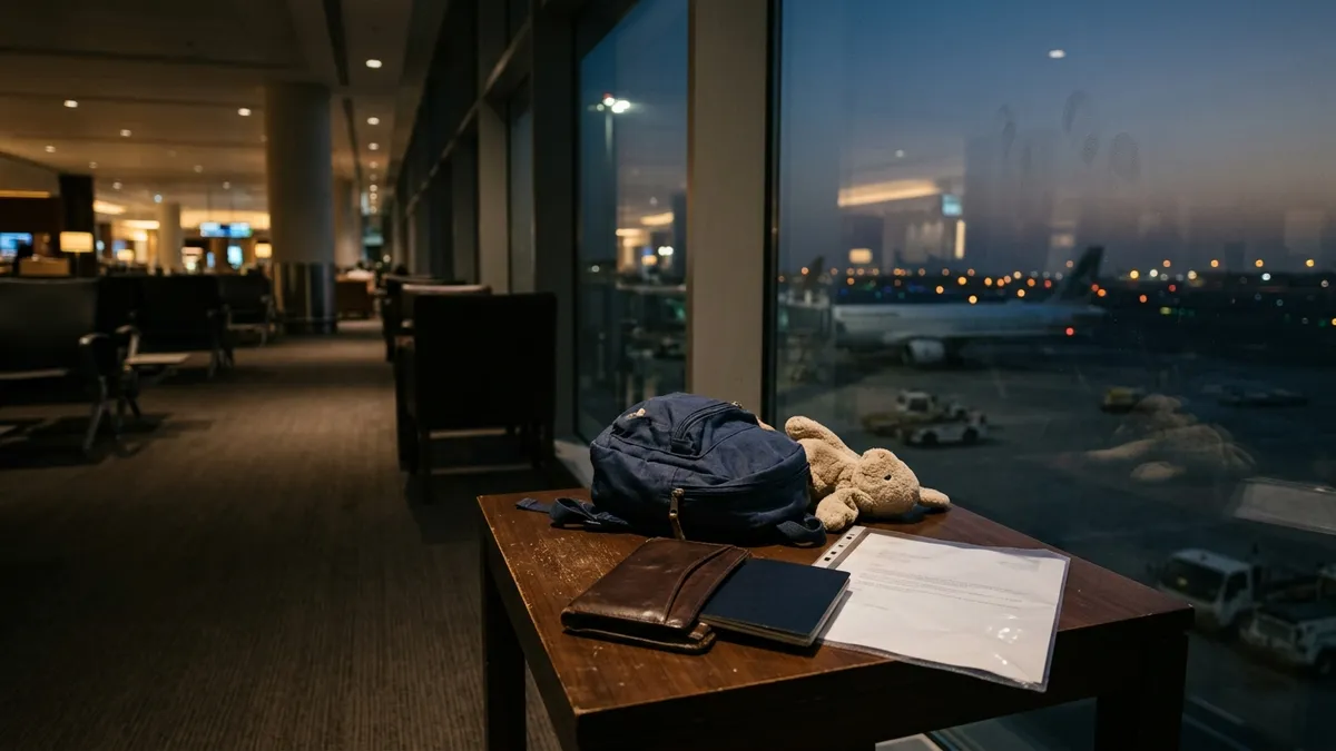 Child travel consent in the UAE: a child’s backpack, a plush toy, a passport and a letter by an airport lounge window