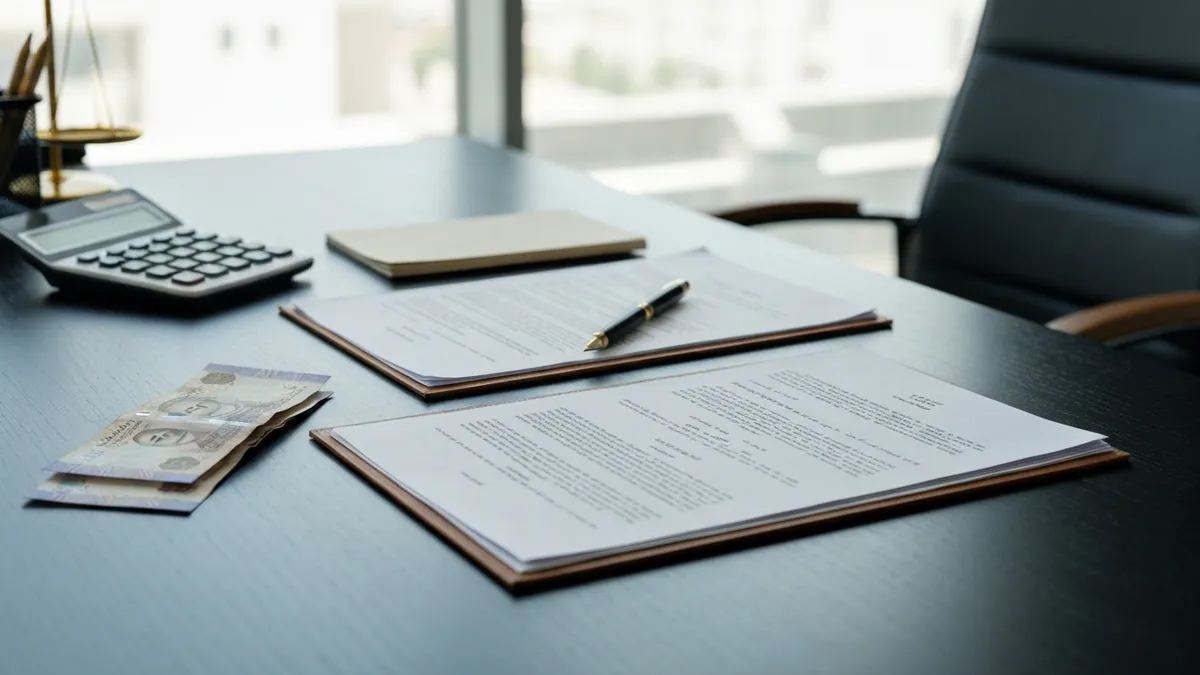 Divorce lawyer fees in the UAE: legal documents, a calculator and dirham notes on a desk