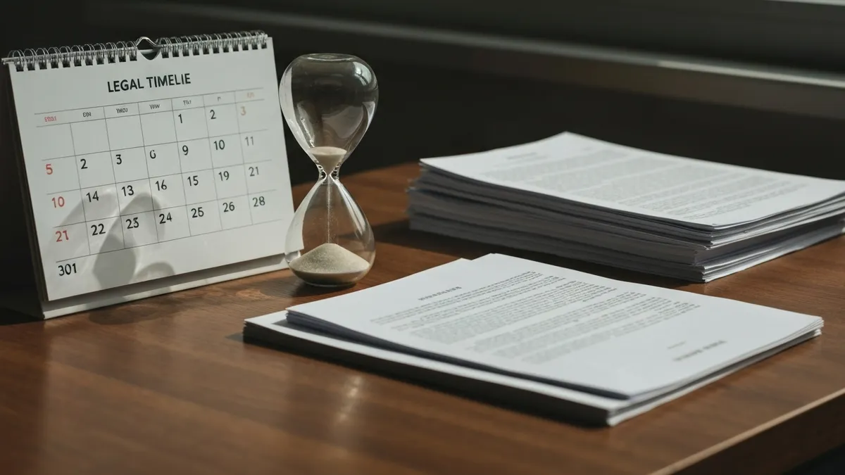 UAE divorce timeline: a calendar and hourglass beside legal documents on a desk