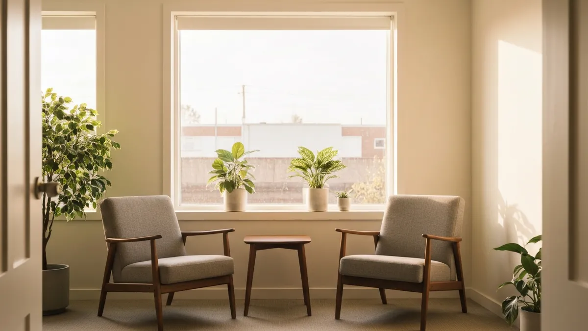UAE Family Guidance Section: a calm reconciliation counselling room by a window