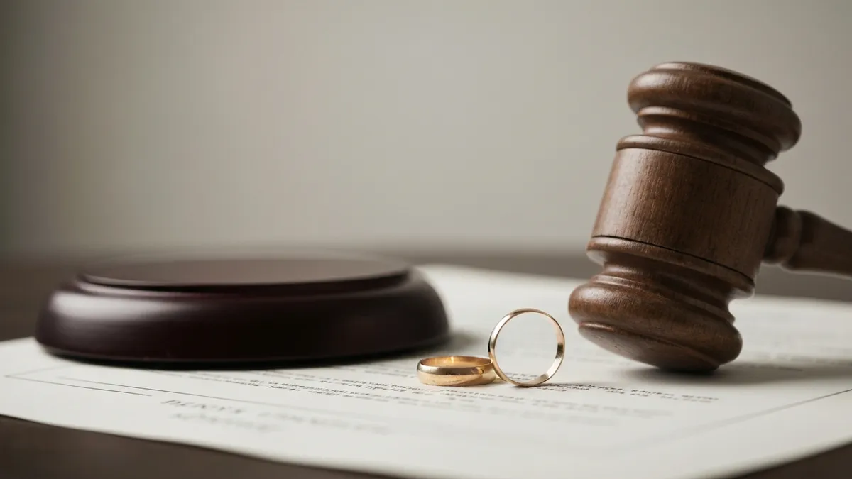 Grounds for divorce in the UAE: wedding rings on a legal document beside a gavel