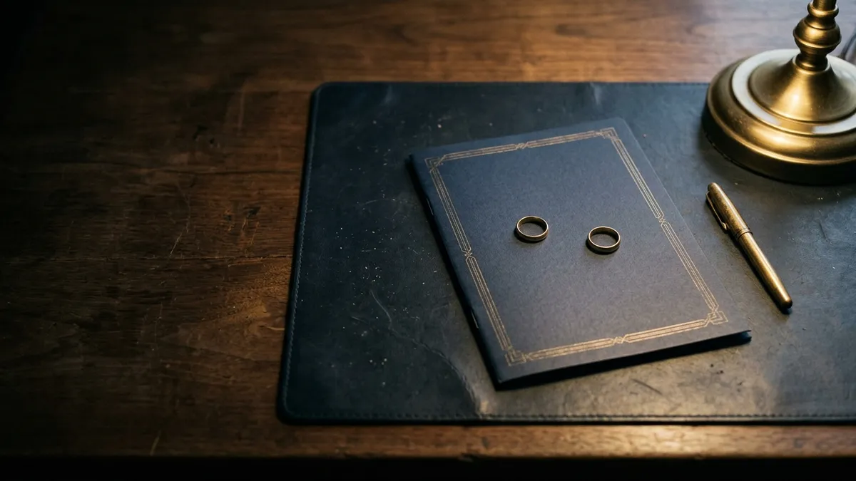 Divorce before consummation in the UAE: two wedding rings on a navy marriage contract folder beside a fountain pen