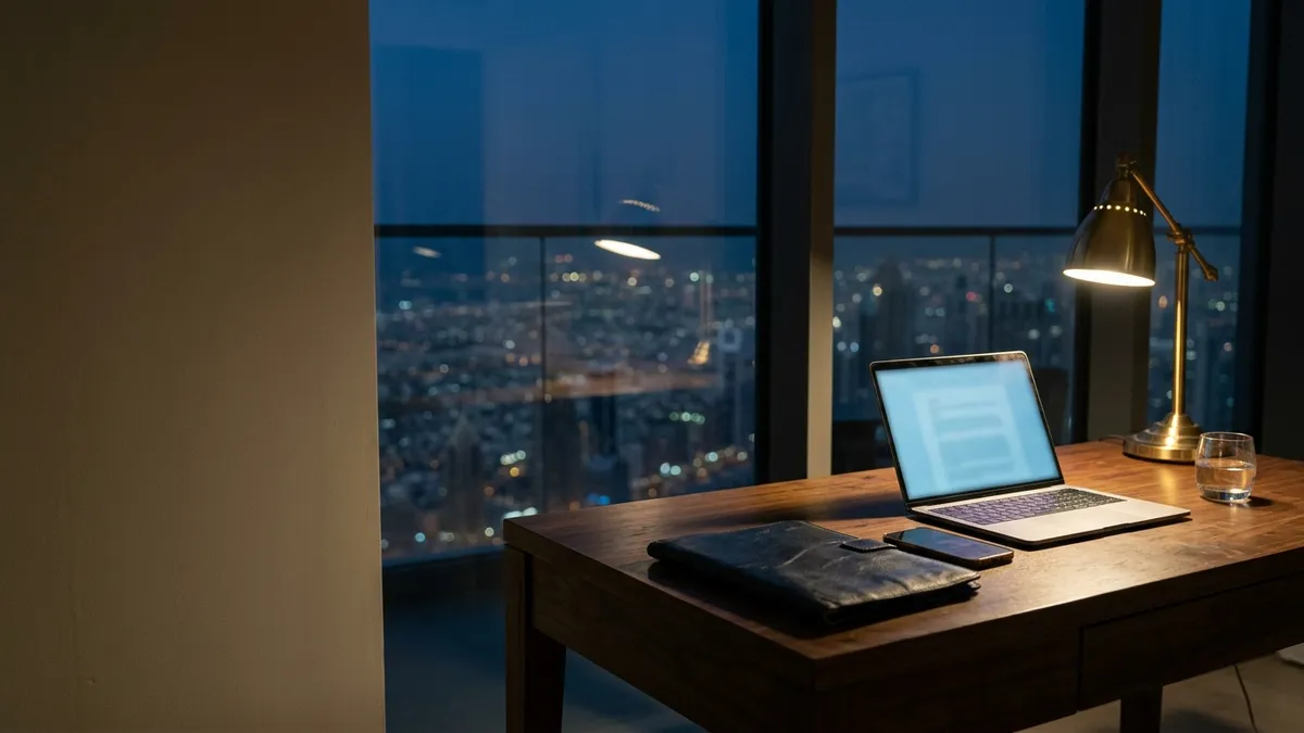 Online divorce in the UAE: a laptop, phone and leather folder on a walnut desk by a window overlooking Dubai at night