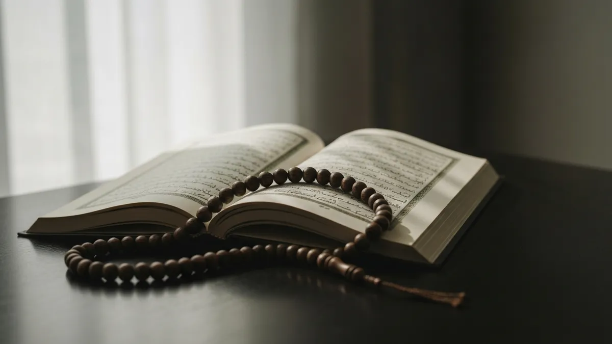 Triple talaq in the UAE: an open Quran and prayer beads on a wooden table