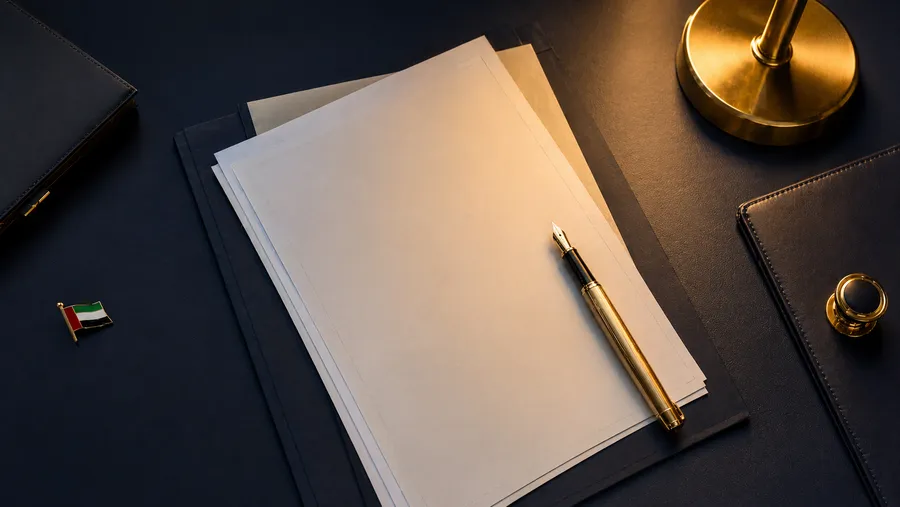 UAE legal documents with gold pen on dark desk — property division divorce