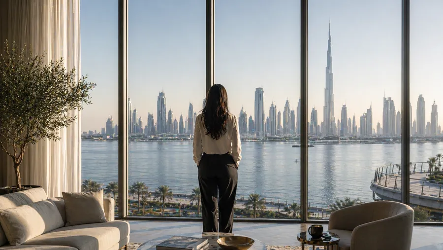 Woman looking at Dubai skyline — judicial divorce for harm UAE